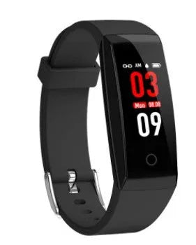 Smart bracelet with colour OLED screen showing fitness data on wrist