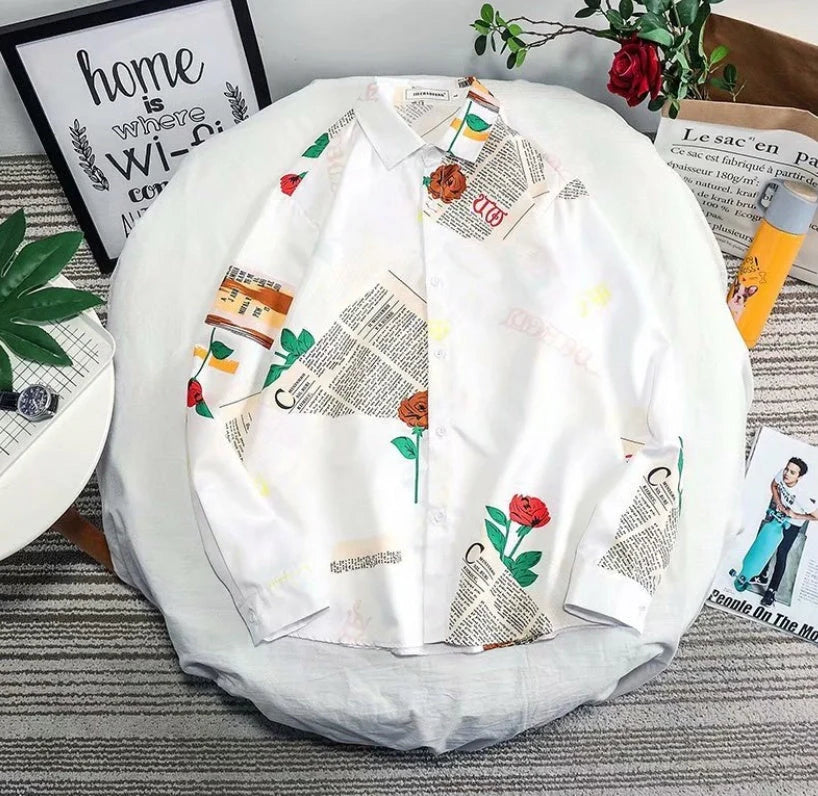 Loose Long Sleeve Tide Brand Shirt in black and white, made from 100% polyester fiber