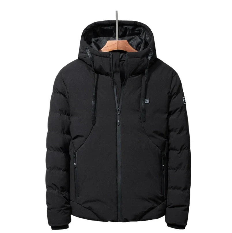 Electric heated down jacket with USB-powered heating system, available in grey, black, and army green colors, sizes M to 7XL