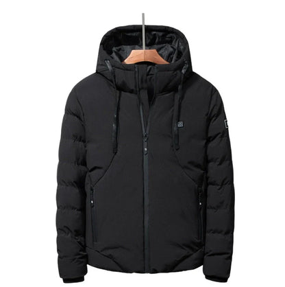 Electric heated down jacket with USB-powered heating system, available in grey, black, and army green colors, sizes M to 7XL