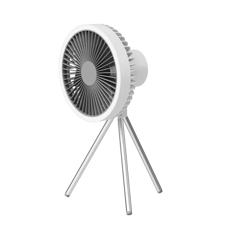 Versatile USB Rechargeable Camping Fan with Tripod Stand and Lantern, offering a premium aluminum alloy construction, 3-in-1 design, and powerful brushless motor for a refreshing outdoor experience.