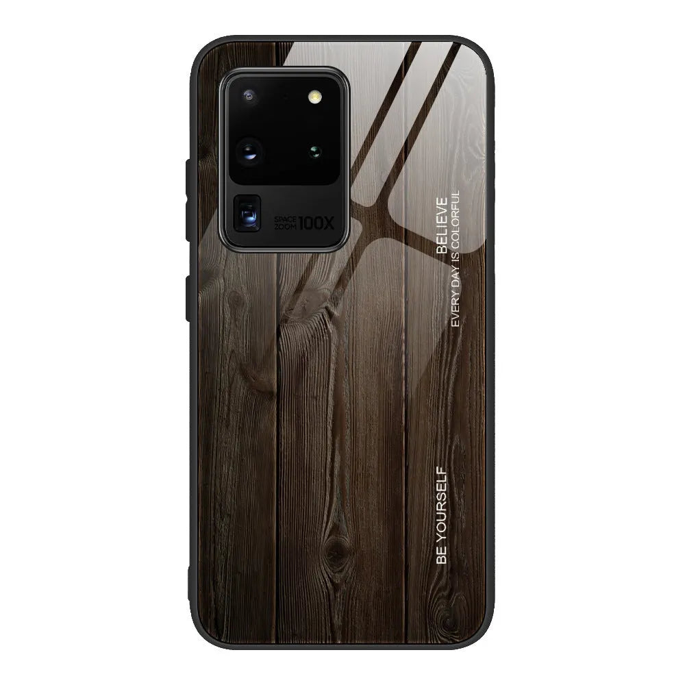 Wood grain tempered glass back cover phone case for Samsung Galaxy, simple style, colours M01 to M06