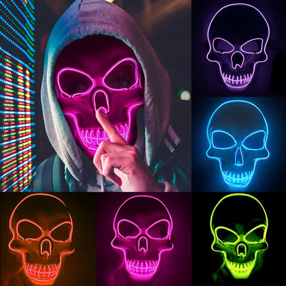 Blue LED glow skeleton mask with flashing lights on a person's face