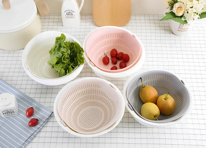 Double-dish sink drain basket with 30cm upper tier and 25cm lower tier in apricot colour