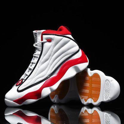Men's high-top basketball shoes in AJ13 style colours with mesh upper and thick rubber sole.