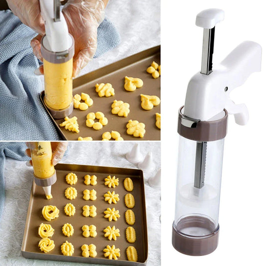 Versatile cookie press kit with interchangeable discs for creating various baked treats at home