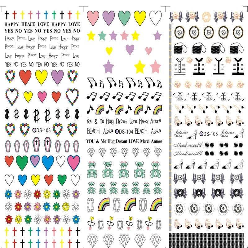 Watermark nail sticker decal sheet with transparent scratch-resistant film and colour options DS103 to DS125.
