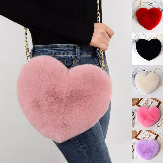 Women's plush chain shoulder bag with heart shape design in various colors