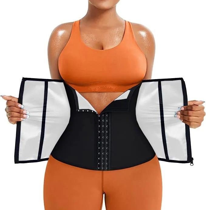 Neoprene abdominal support belt in blue and silver colours with adjustable fastening for waist shaping.