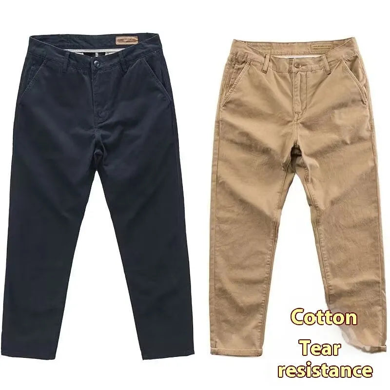 Men's slim fit casual trousers in cotton-polyester blend with straight leg, shown in multiple colour options.