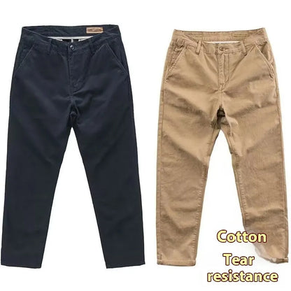 Men's slim fit casual trousers in cotton-polyester blend with straight leg, shown in multiple colour options.