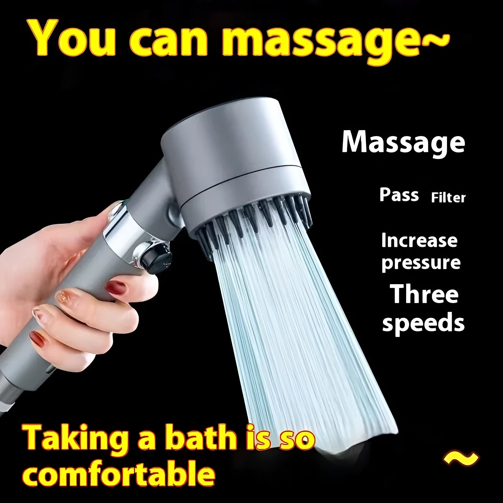 Portable handheld ABS plastic massage shower head with three spray mode settings on a white background.
