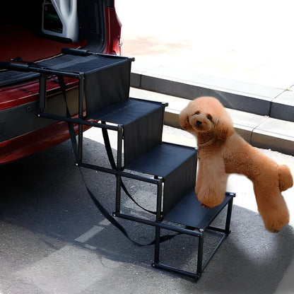 Black folding pet car steps with steel frame and Oxford cloth steps, folded to 101x76x45cm