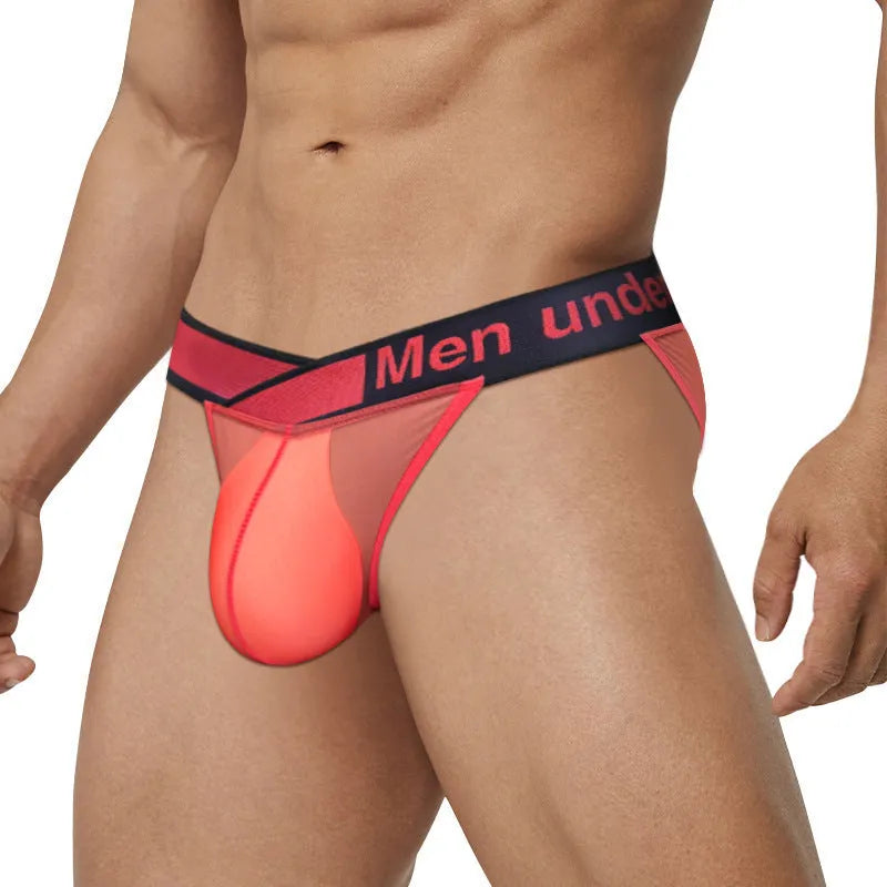 Men's black ice silk briefs with low waist and large V gradient high fork design on a white background