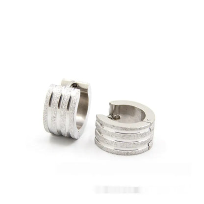 Geometric titanium steel earrings with frosted three-line design in black, gold, and steel colour finishes