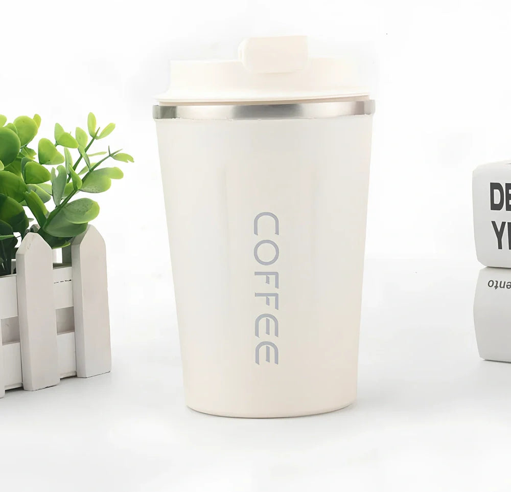 Stainless steel thermal vacuum coffee mug with double-layer insulation and spill-proof lid in multiple colour options