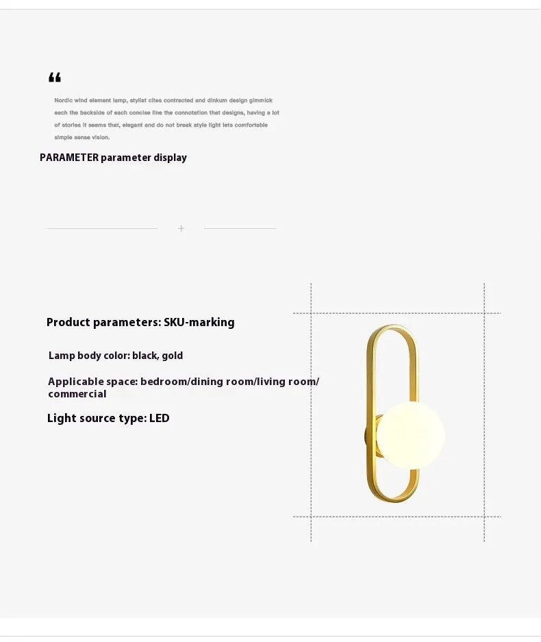 Minimalist wall lamp in black or gold finish with glass shade and 12W tri-colour LED lighting