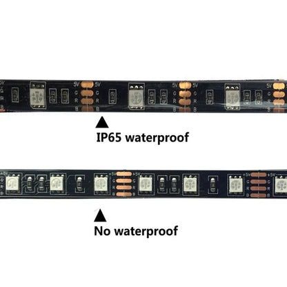 USB-powered flexible LED light strip showing SMD5050 LEDs along 1-metre length with connected USB cable