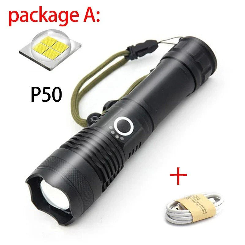 High-Powered Tactical Flashlight with Zoom and USB Charging - Durable, Waterproof, and Rechargeable LED Flashlight