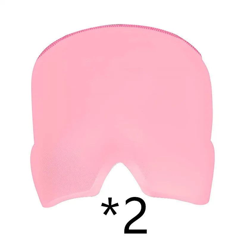 Black elastic gel headache relief mask laid flat showing eye contours and adjustable headband.