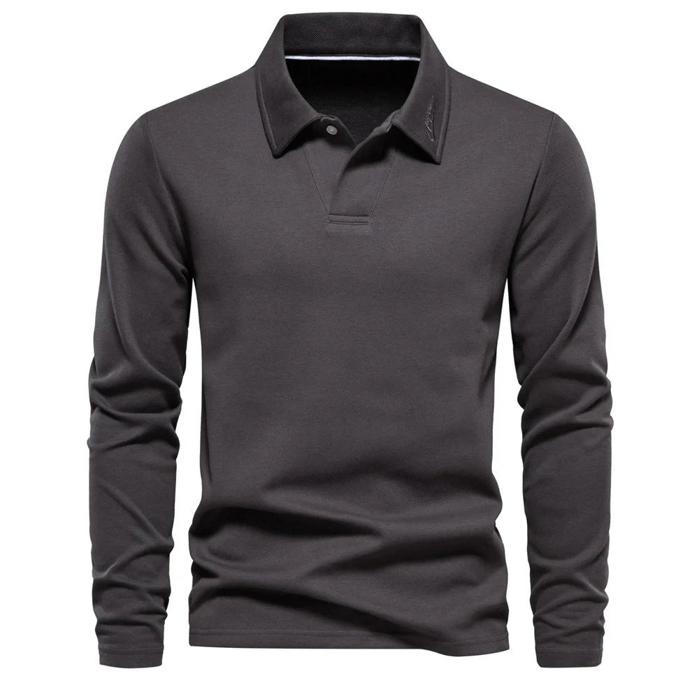 Stylish long-sleeve polo shirt in various colors, featuring a unique lapel design and made from premium cotton-blend fabric for comfort and durability.
