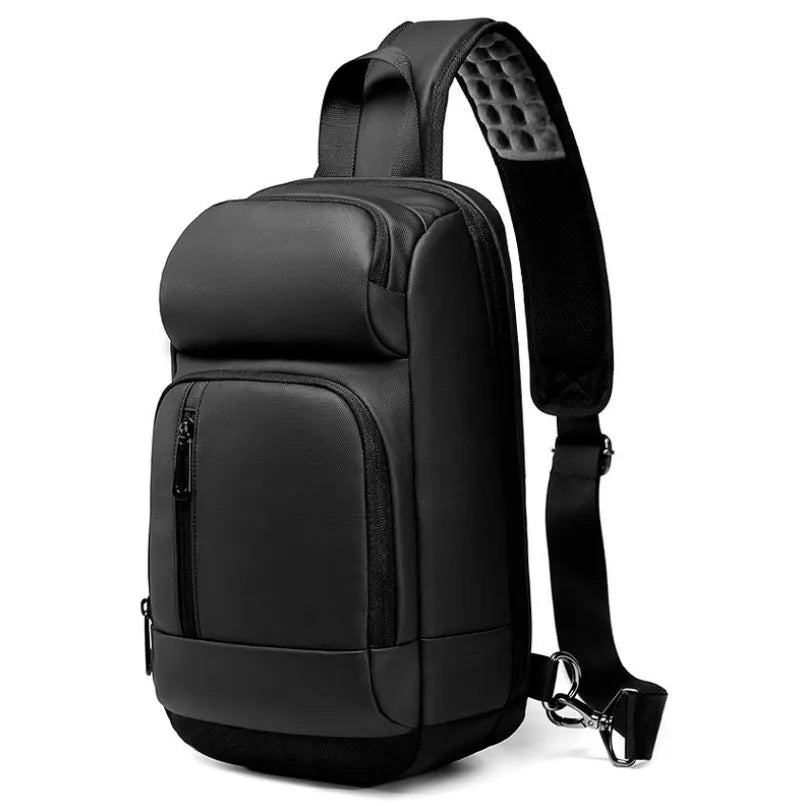 Black outdoor leisure shoulder bag with air cushion strap and multiple internal compartments