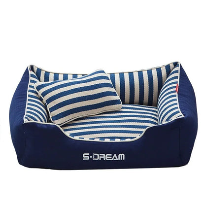 Navy striped removable dog kennel mat with a matching mini pillow, shown in blue and red colour options.