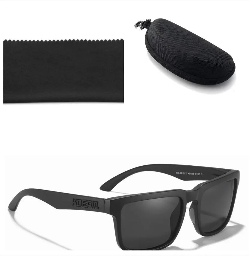 Square polarised sunglasses with TAC lenses and a PC frame, shown in one of 12 available colour options.
