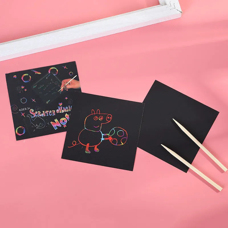 Colourful trumpet scratch painting set box containing 100 paper sheets for children's art activities