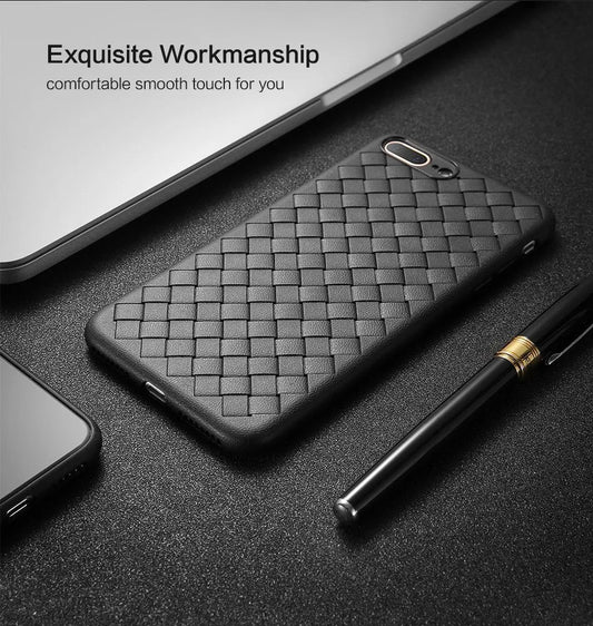 Luxury grid weaving phone case in black with hollow cooling design and raised lips for iPhone protection