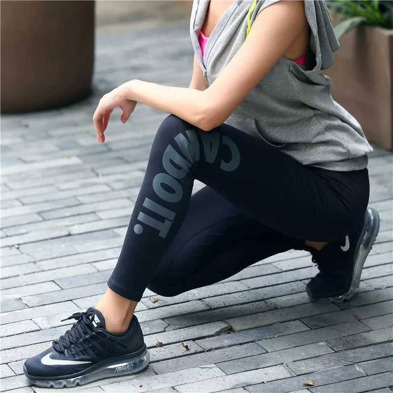 Women's high elastic training yoga pants with bronzing alphabet design for yoga and running