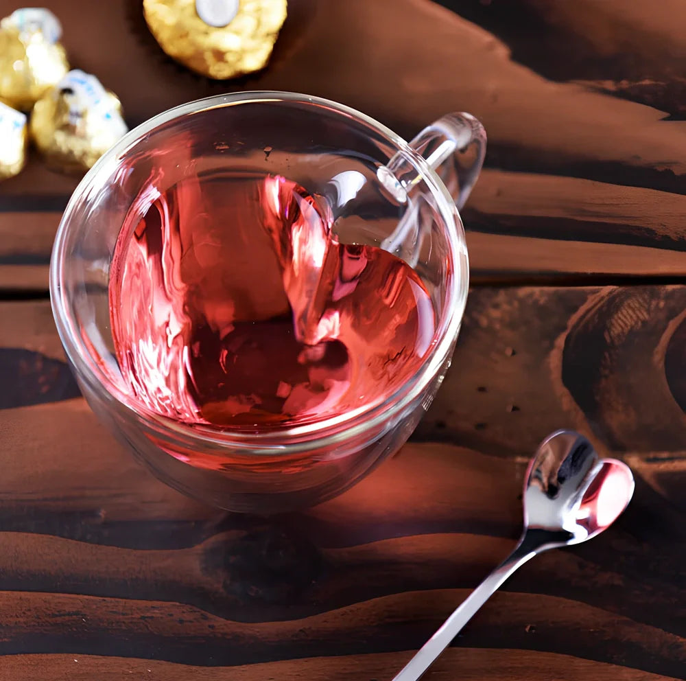 Heart-shaped glass coffee cup with handle, 180ml capacity, hand-blown finish
