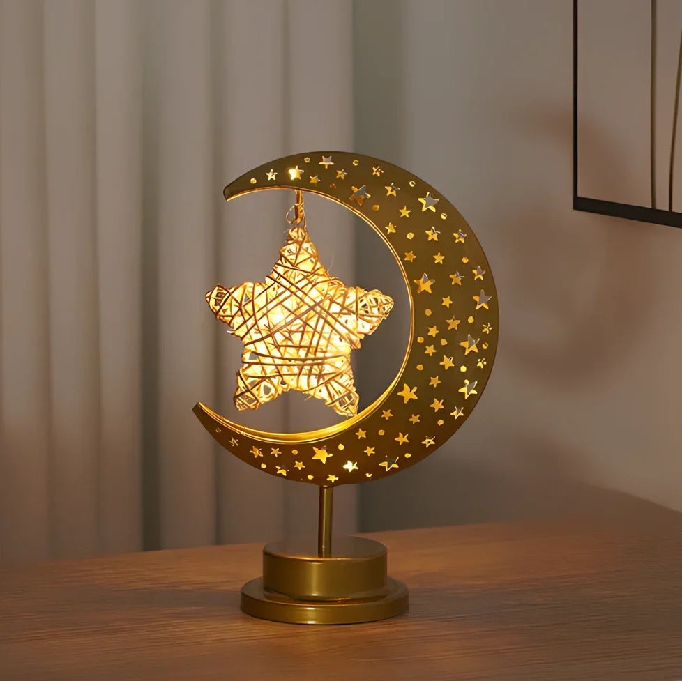 LED modelling lamp with iron shell, 13x14x28cm dimensions, multiple decorative styles including moon and star designs