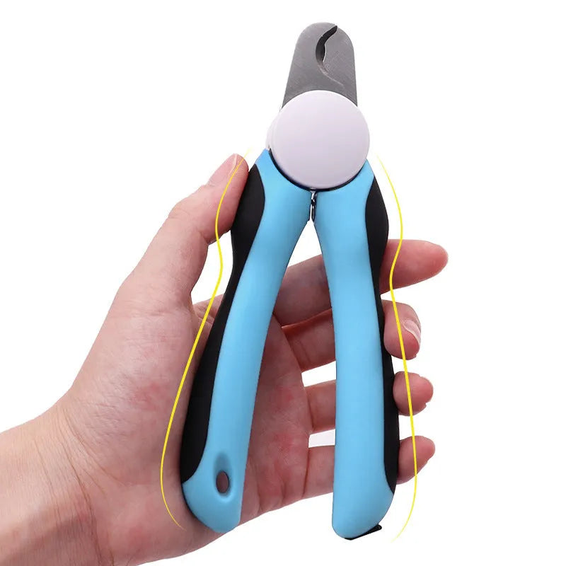 Blue heavy-duty dog nail clippers with safety guard on a white background, showing ergonomic handles.