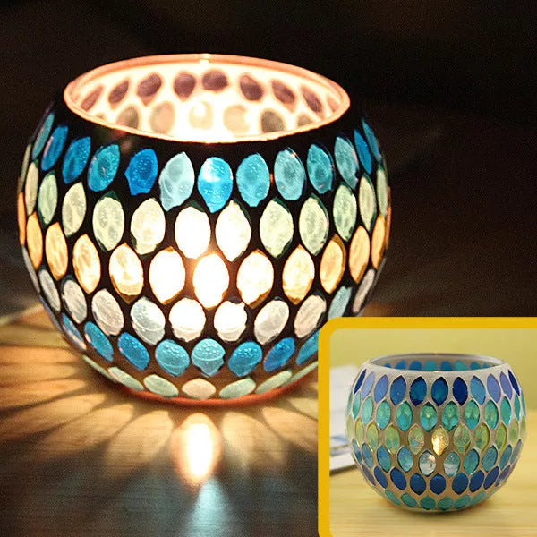 Mosaic glass candle holder in vibrant colors with elegant mosaic pattern