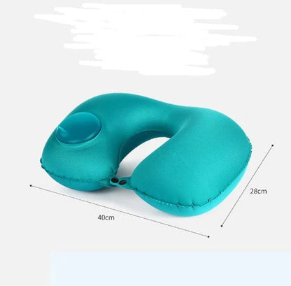 Inflatable U-shaped travel pillow with built-in air valve for customizable comfort and neck support during flights and car travel