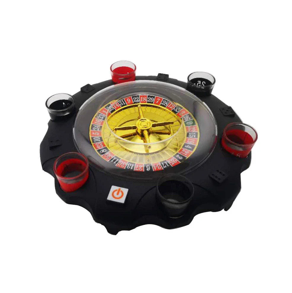 Electric casino-style roulette drinking game set with spinning wheel, shot glasses, and steel balls
