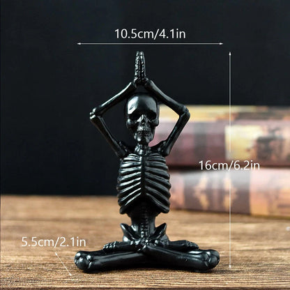 Spooky skeleton desktop decorations featuring intricate resin skulls and skeletons in vintage white and ominous black color options