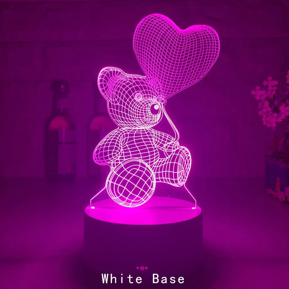 3D acrylic teddy bear LED night light with remote control showing 16 colour options and 85mm base