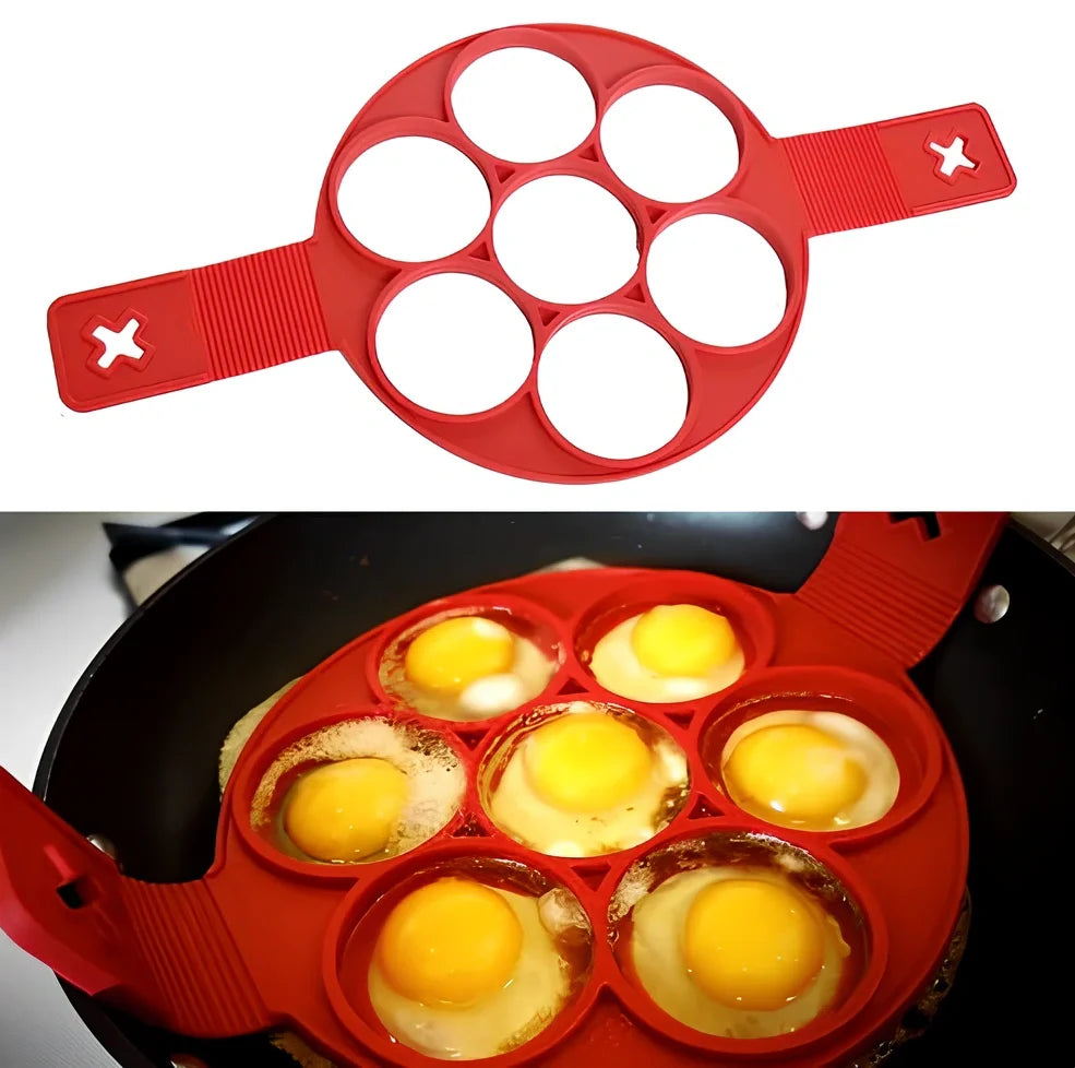 Red silicone egg mould measuring 3x3x6 inches for creating shaped hard-boiled eggs without shells