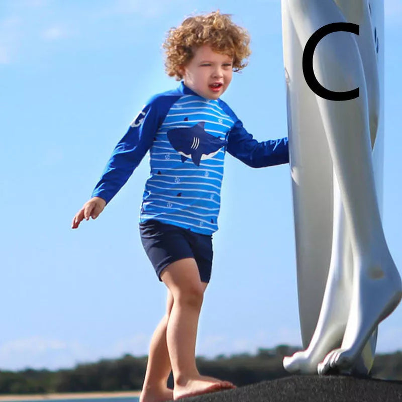 Boys' quick-dry swim trunks with vibrant prints, perfect for pool and beach