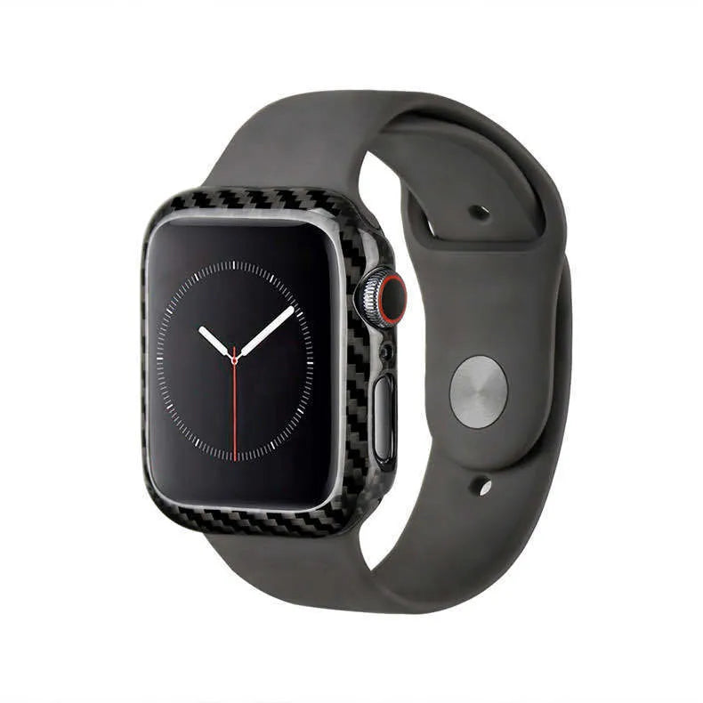 Apple Watch Series 4 in a black carbon fibre and leather half wrap protective case, showing the slim 44mm profile.