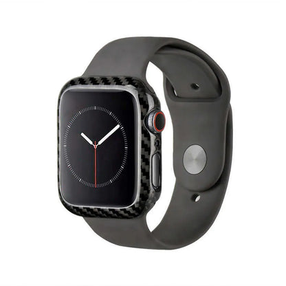 Apple Watch Series 4 in a black carbon fibre and leather half wrap protective case, showing the slim 44mm profile.