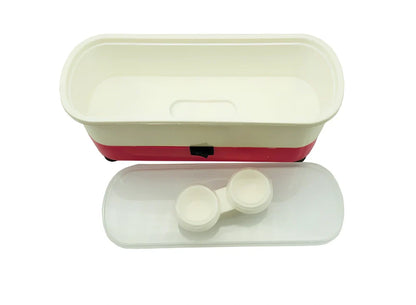 Blue analog ultrasonic cleaner measuring 17x6x8cm with contact lens box and battery compartment