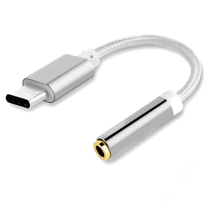 Weaving Type-C to 3.5mm audio adapter cable in four colour options showing connectors and nylon-braided 12cm cable