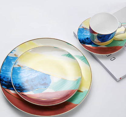 Watercolor dessert plates set in pink with 26.5 cm diameter, 45% bone china, real gold edges on handmade porcelain