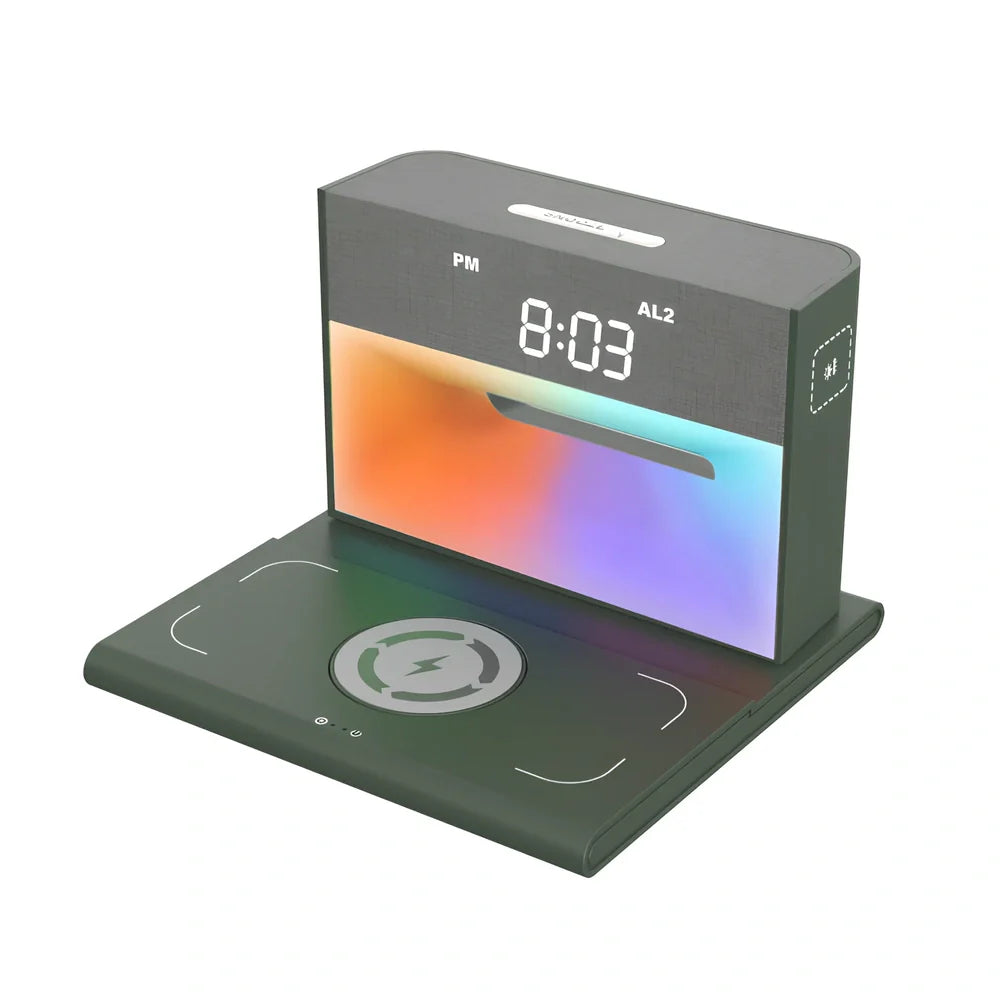 Mobile phone bracket with speaker and colourful lighting in white, pink, or dark green options