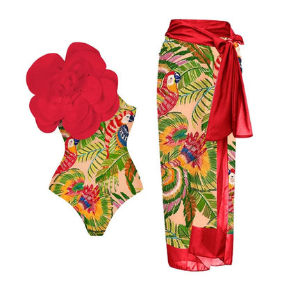 One-piece swimsuit with three-dimensional flower pattern in European and American fit.
