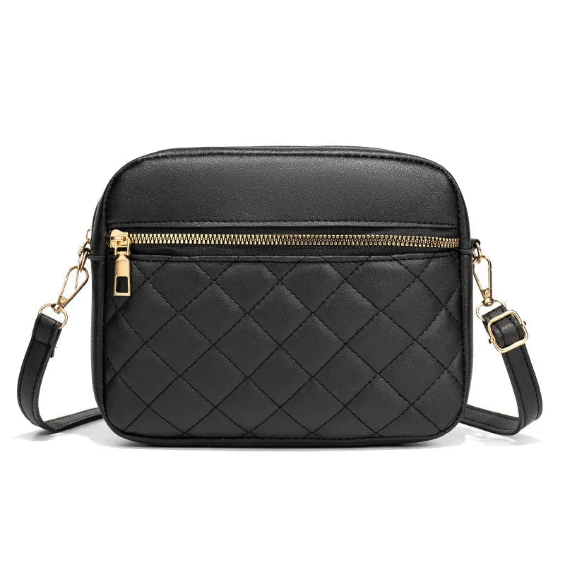 Large-capacity PU crossbody bag with diamond mesh, stitching, horizontal square shape, in white, black or pink