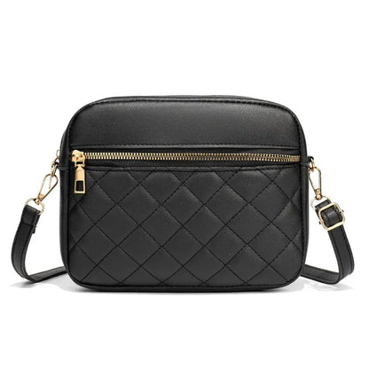 Large-capacity PU crossbody bag with diamond mesh, stitching, horizontal square shape, in white, black or pink